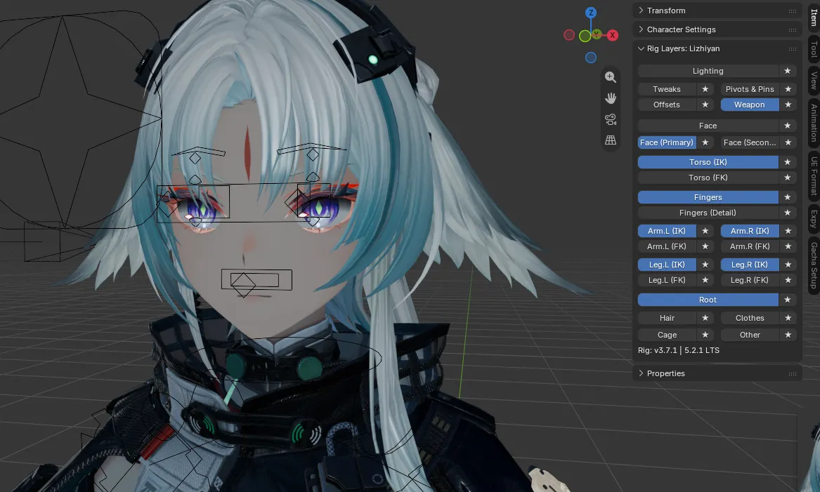 Rig Layers panel for Arknights: Endfield character (Face, Torso IK/FK, Fingers, Arm IK/FK, Leg IK/FK, Hair, Clothes)