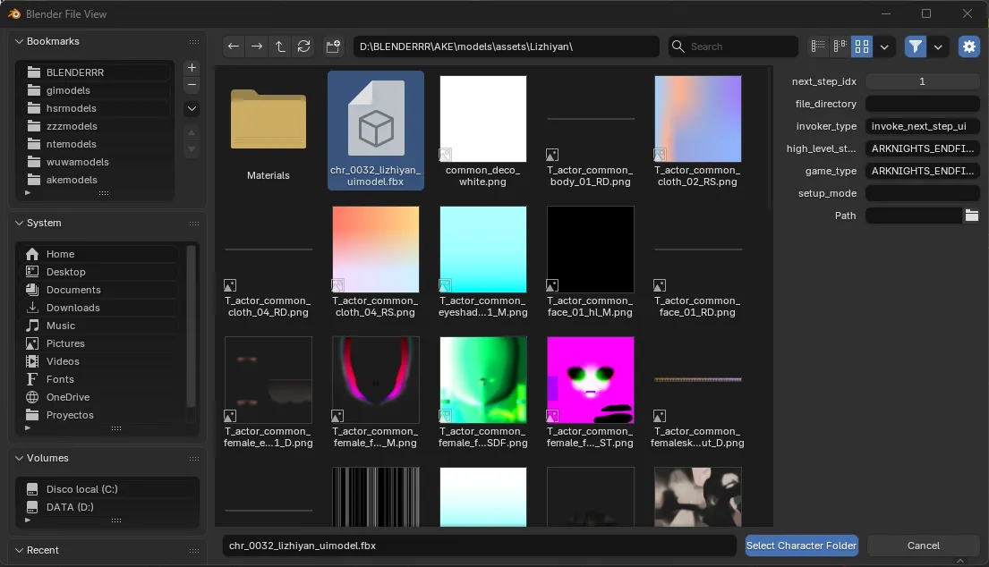 Blender File View selecting Arknights: Endfield character model folder