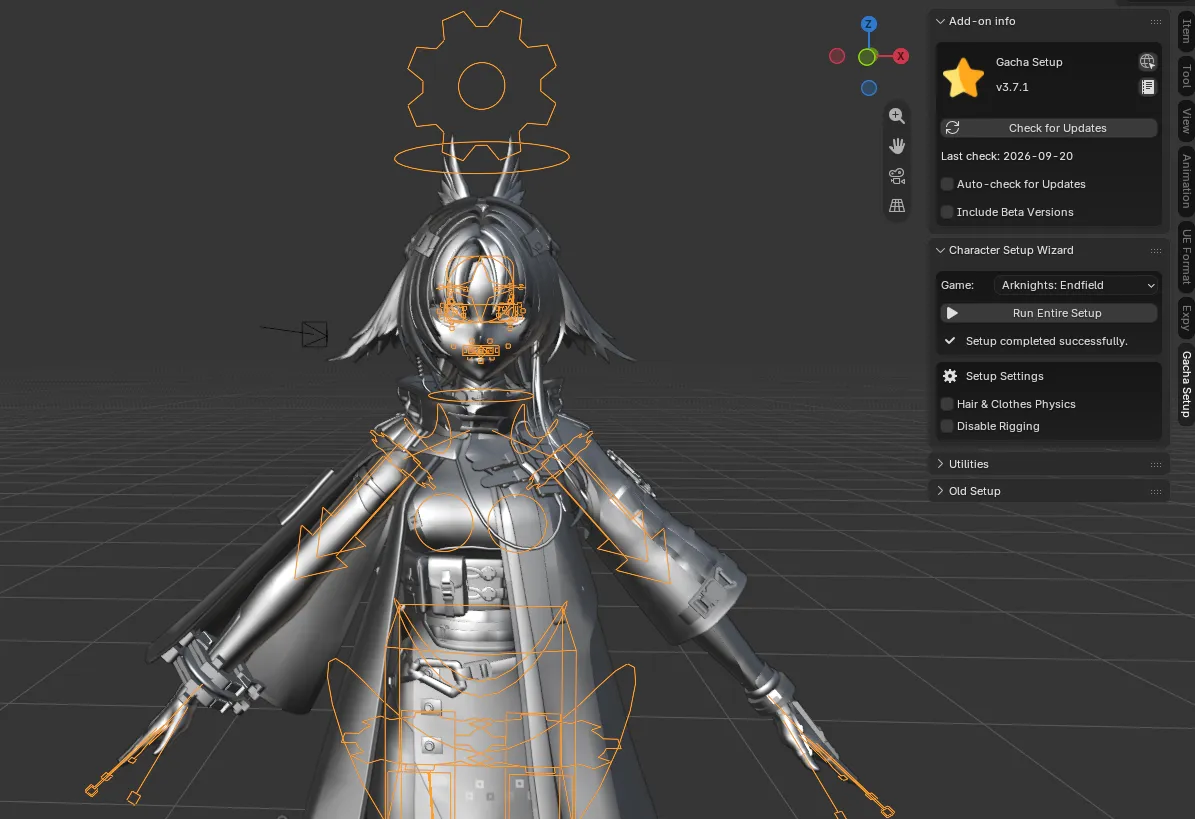 Arknights: Endfield character imported into 3D scene (Setup completed successfully)