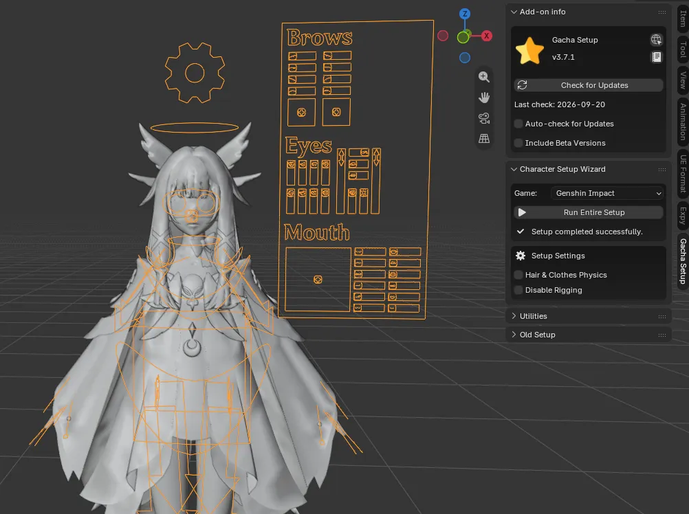 Character ready in the scene (Setup completed successfully)