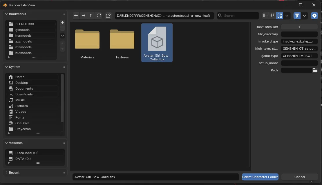 Blender File View selecting character model folder