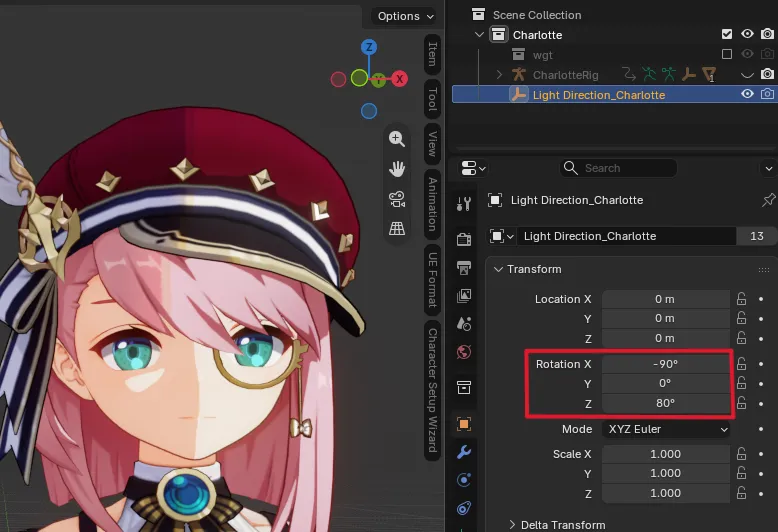 Adjusting Light Direction object rotation in Outliner and Item transform