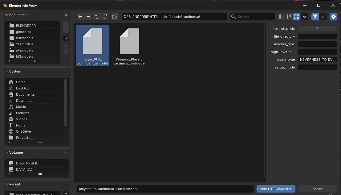 Blender File View selecting NTE character model folder