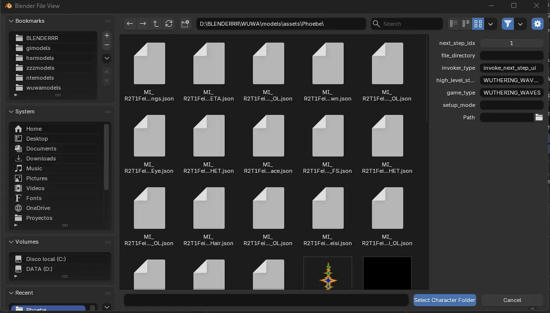 Blender File View selecting Wuthering Waves character model folder