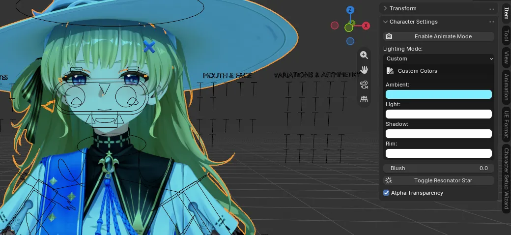 Custom mode panel showing Custom Colors palette, Toggle Resonator Star, and Alpha Transparency