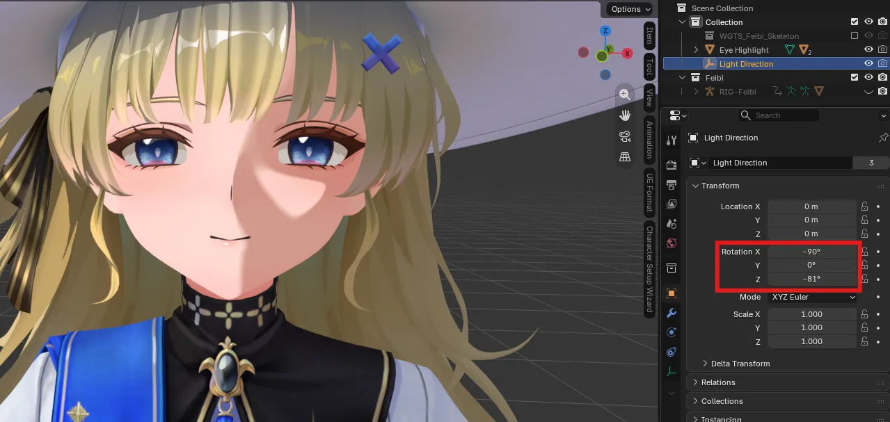 Adjusting Light Direction object rotation in Outliner for Wuthering Waves