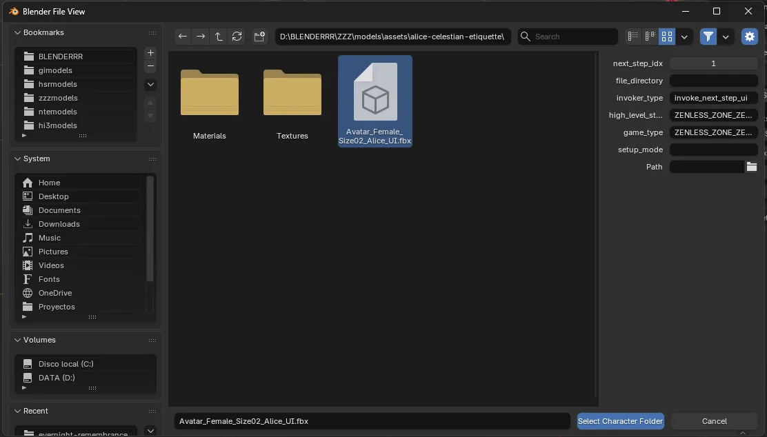 Blender File View selecting ZZZ character model folder