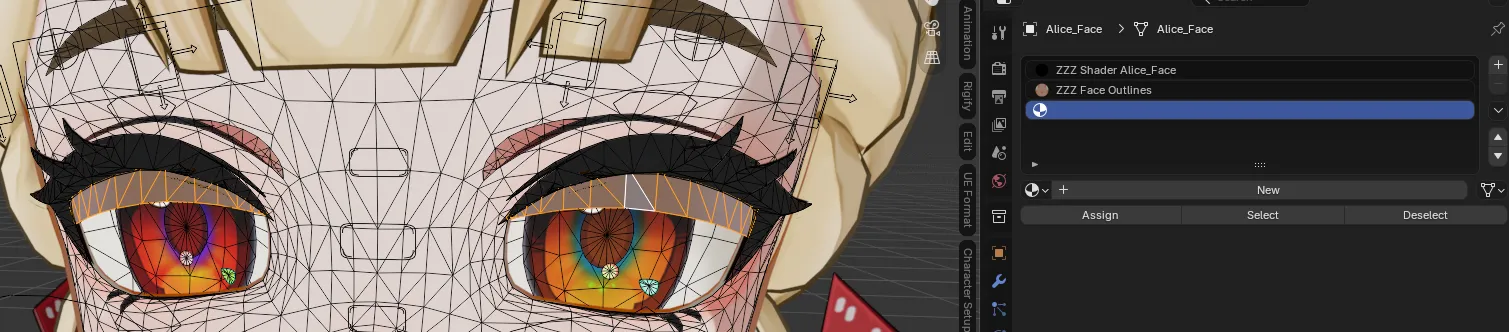 Selecting eyeshadow mesh in Edit Mode and adding a new material slot
