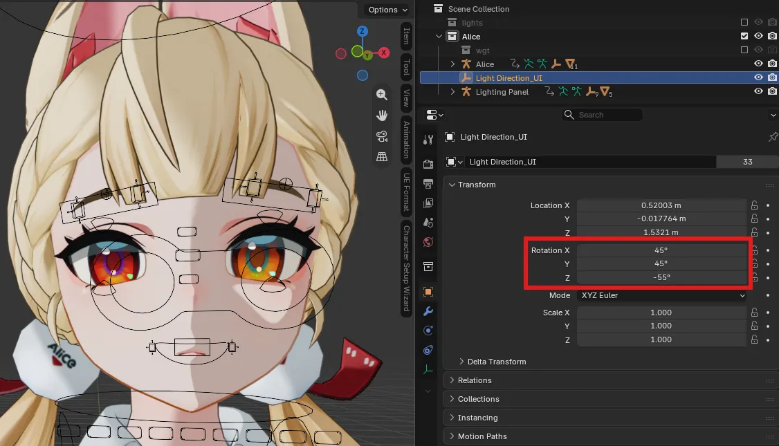Adjusting Light Direction object rotation in Outliner for Zenless Zone Zero